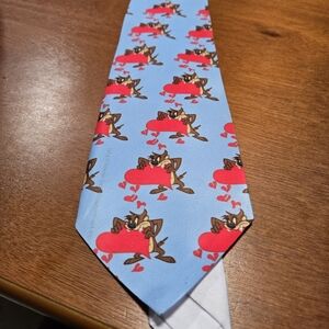 Mens Blue Neck Tie with Cartoon Character (Taz) and Red Hearts